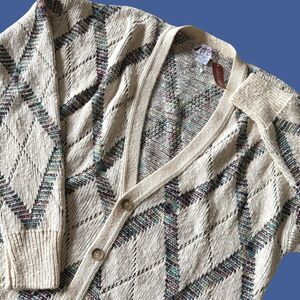 Vtg Diamond Zig Zag Geometric Colorful Grandpa Cardigan Sweater USA Cotton 2X